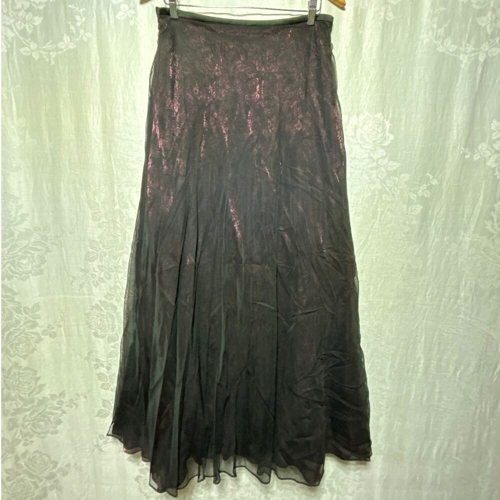VTG Dani Max Maxi Skirt 14 Black Satin Paisley Black Sheer Overlay Dark Red